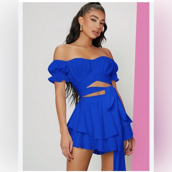 SHEIN Other - SHEIN blue off the shoulder shirt w matching skirt with ruffles Size S #party
